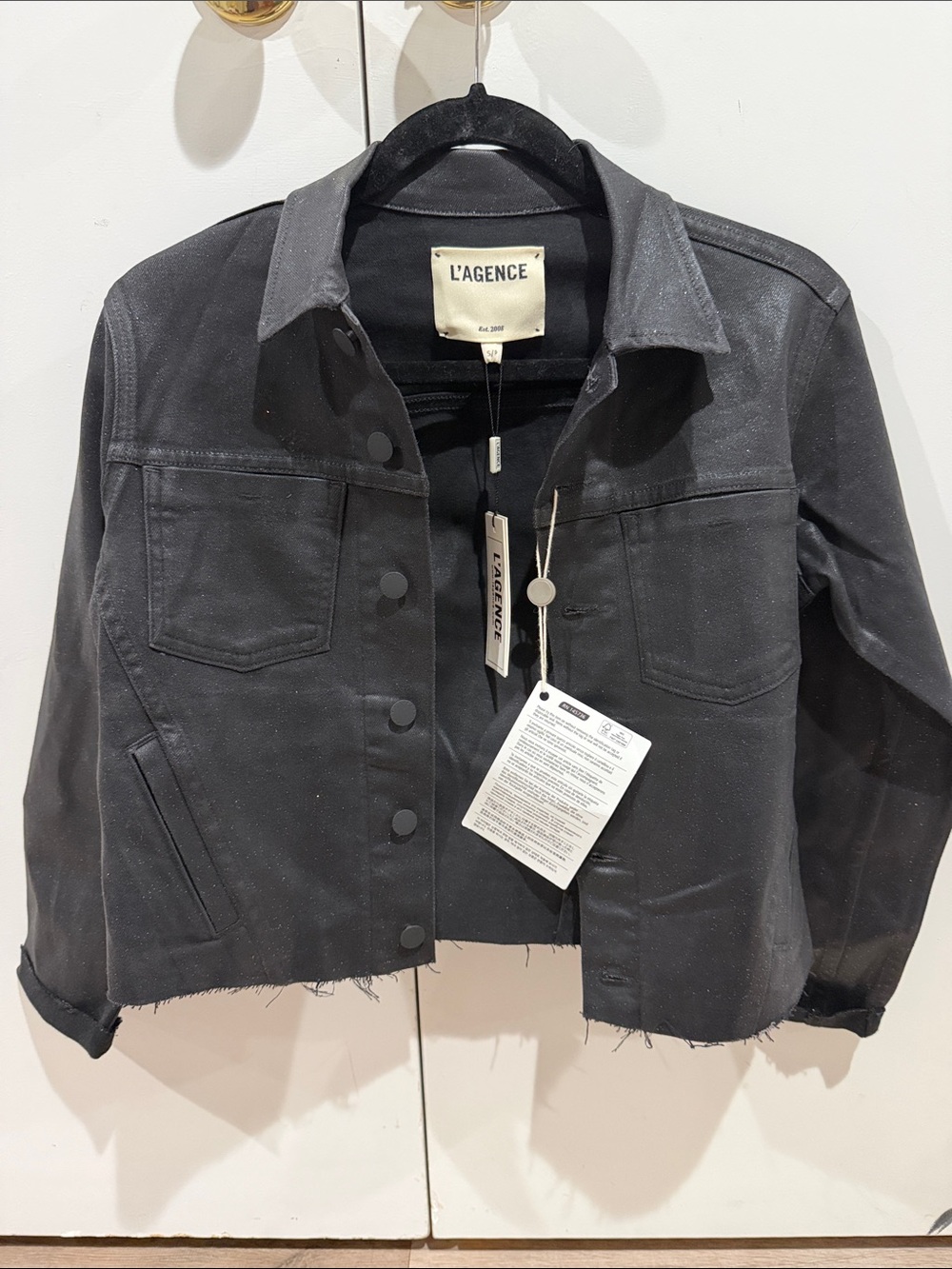 L'AGENCE Black Cropped Frayed-Hem Denim Jacket